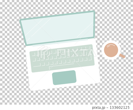 くすみカラーのビジネスデスク／ノートパソコンとコーヒーのワークスペース（透過背景） 133602125