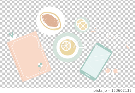 Muted color break time set / diary and lemon tea relaxation flat lay (transparent background) Muted color break time set / diary and lemon tea relaxation flat lay (transparent background) 133602135