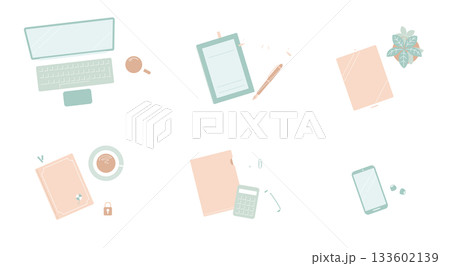 くすみカラーの俯瞰ビジネス小物セット（透明背景）／ミニマルな6点フラットレイ 133602139