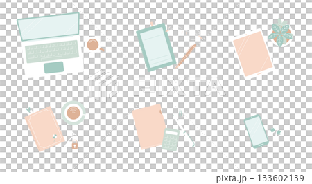 くすみカラーの俯瞰ビジネス小物セット（透明背景）／ミニマルな6点フラットレイ 133602139