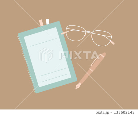 くすみカラーのステーショナリーセット／ノートと万年筆とメガネの勉強デスク（背景色あり） 133602145