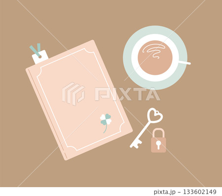 くすみカラーの日記帳セット／鍵とコーヒーのシンプルなデスクレイアウト（背景色あり） 133602149