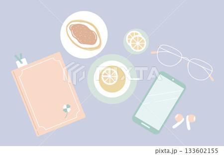 くすみカラーのブレイクタイムセット／日記帳とレモンティーのリラックスフラットレイ（背景色あり） 133602155