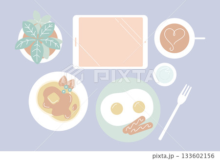 くすみカラーのタブレットと朝食セット／パンケーキと目玉焼きのモーニングフラットレイ（背景色あり） 133602156