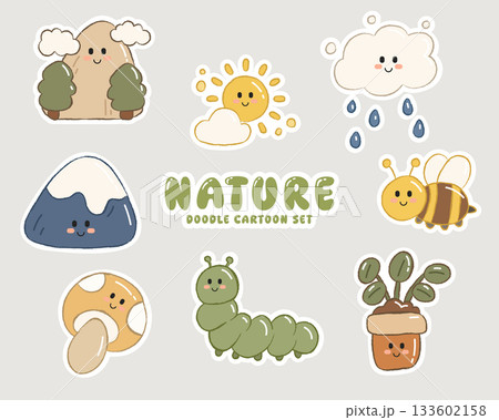 Cute Cartoon Nature Doodle Set. Kawaii Mountain, Sun, Cloud, Bee, Mushroom and Plant Vector Illustration. 133602158