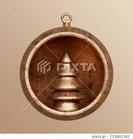 Rustic Bronze Metallic Christmas Tree Ornament. 3D Rendering 133602342