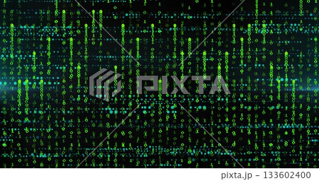 Streaming green binary digits cascading in virtual digital space, with vertical data streams Streaming green binary digits cascading in virtual digital space, with vertical data streams 133602400