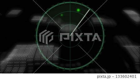 Showing circular radar interface scanning beam in digital panel, with green blips, dotted grids Showing circular radar interface scanning beam in digital panel, with green blips, dotted grids 133602401