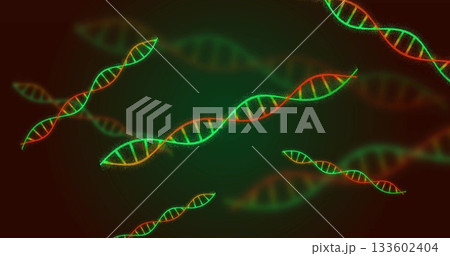 Displaying central glowing DNA helix floating in lab graphic design, with green and red models 133602404