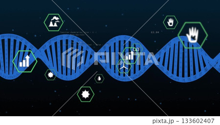 Displaying blue DNA helix stretching across dark navy backdrop, with green hexagon icons 133602407