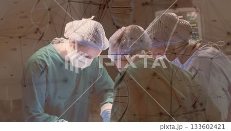 Operating surgical team collaborating in operating room with scrubs, scalpels, network overlay Operating surgical team collaborating in operating room with scrubs, scalpels, network overlay 133602421