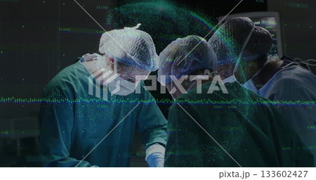 Surgical team in green scrubs and masks performing procedure in operating room, with data overlays 133602427