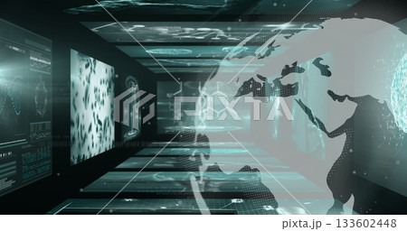 Holographic globe floating in tech corridor, data panels showing DNA, charts and code, copy space 133602448