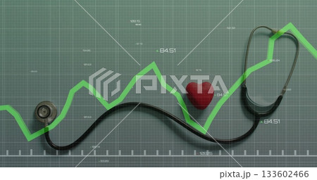 Displaying black stethoscope on numeric grid with white scale, showing green line graph, red heart Displaying black stethoscope on numeric grid with white scale, showing green line graph, red heart 133602466