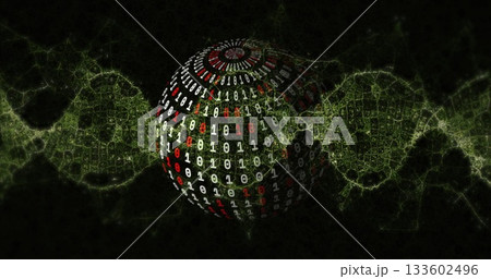 Rotating 3D sphere displaying binary digits in virtual space, with fractal network mesh Rotating 3D sphere displaying binary digits in virtual space, with fractal network mesh 133602496