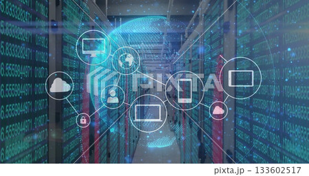 Displaying central digital network overlay spanning data center aisle, with globe connected icons Displaying central digital network overlay spanning data center aisle, with globe connected icons 133602517