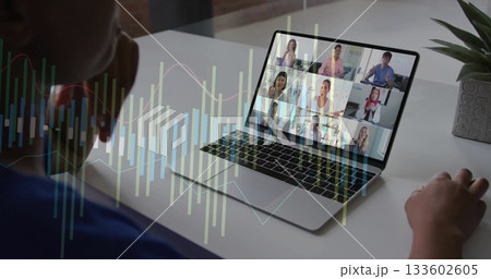 Sitting man viewing nine-person grid meeting at desk, with laptop, potted plant and graph overlay Sitting man viewing nine-person grid meeting at desk, with laptop, potted plant and graph overlay 133602605