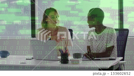 Business casual coworkers presenting ideas, gesturing and listening in office, with laptop 133602652