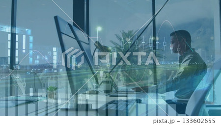 Analyzing worker in collared shirt scanning stock charts on devices in office at night, copy space Analyzing worker in collared shirt scanning stock charts on devices in office at night, copy space 133602655