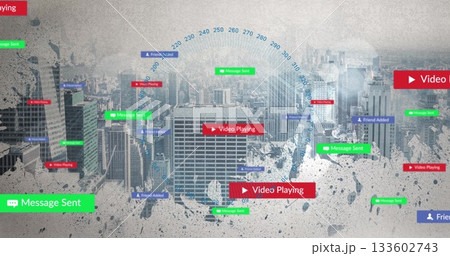 Overlaying green MessageSent bubbles or blue FriendAdded labels or red play buttons or degree arc sk 133602743