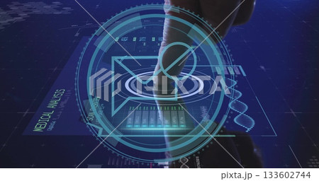 Manipulating holographic interface at medical lab using fingertip, data charts and DNA helix 133602744