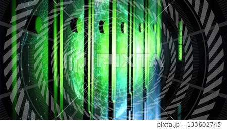 Glowing green sphere hovering in holographic interface with vertical bars and circuit gridlines Glowing green sphere hovering in holographic interface with vertical bars and circuit gridlines 133602745