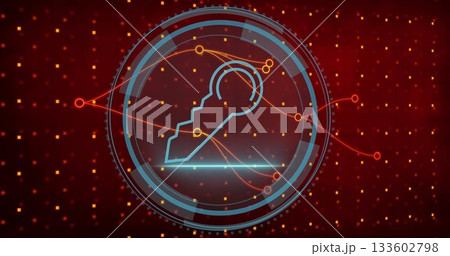 Highlighting key icon in concentric rings on digital interface, with data lines and glowing squares Highlighting key icon in concentric rings on digital interface, with data lines and glowing squares 133602798