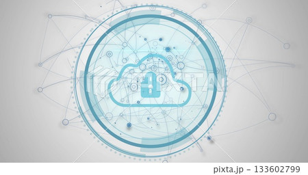 Showing cloud icon enclosing padlock symbol on grey schematic with nodes, curved lines, rings, dots Showing cloud icon enclosing padlock symbol on grey schematic with nodes, curved lines, rings, dots 133602799