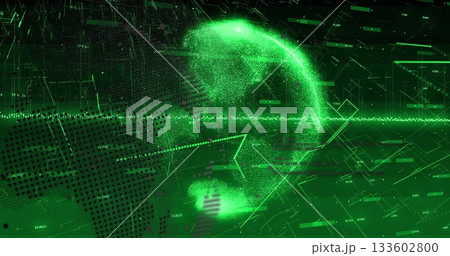 Glowing holographic green sphere floating in data network, with data particles and numeric overlays Glowing holographic green sphere floating in data network, with data particles and numeric overlays 133602800