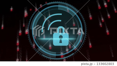 Displaying light blue padlock icon glowing inside circular HUD interface, with falling binary code Displaying light blue padlock icon glowing inside circular HUD interface, with falling binary code 133602803