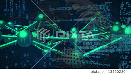 Floating 3D network structure glowing above dark grid floor, with green spheres and code overlays Floating 3D network structure glowing above dark grid floor, with green spheres and code overlays 133602804