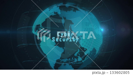 Showing holographic globe rotating in cyber interface with glowing Cyber Security and data rings Showing holographic globe rotating in cyber interface with glowing Cyber Security and data rings 133602805