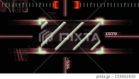 Showing glowing targeting frame with cyan bars, readouts and glitch lines on digital display panel 133602810