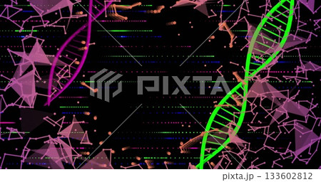 Displaying green DNA helix turning in data space, purple fragment, clusters, neon points, lines 133602812