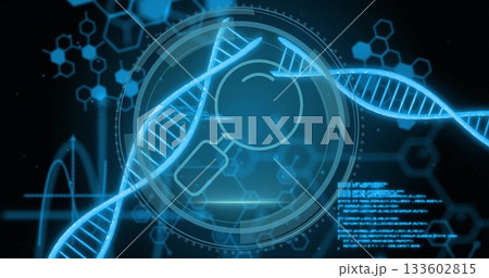 Rotating DNA double helix strand hovering over interface, showing HUD, molecular patterns and code 133602815