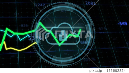 Showing locked cloud icon spinning inside UI rings in data panel, with green-and-yellow line charts 133602824