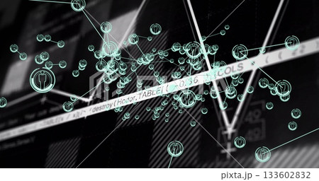 Displaying holographic turquoise network nodes linking gray panels in interface, showing code strip Displaying holographic turquoise network nodes linking gray panels in interface, showing code strip 133602832