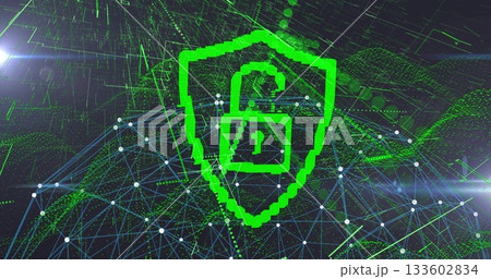 Green shield and unlocked padlock icon glowing in cyberspace, white nodes, lines, data waveforms Green shield and unlocked padlock icon glowing in cyberspace, white nodes, lines, data waveforms 133602834