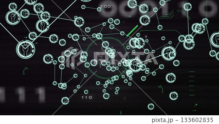 Displaying circular user icons and glowing lines with concentric rings on HUD interface Displaying circular user icons and glowing lines with concentric rings on HUD interface 133602835