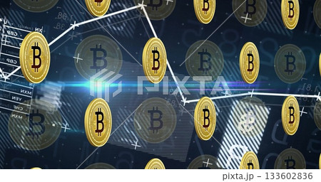 Floating gold bitcoin coin spinning in online market feed, with numeric data and graph connectors 133602836