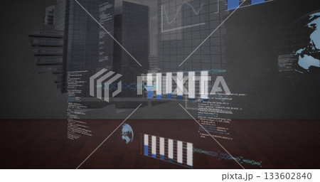 Projecting holographic data in dark room, with 3D building, floating code, charts and world map 133602840