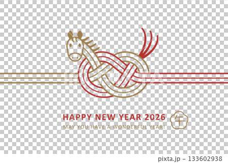 2026 Year of the Horse New Year's Card Design: Cute Red and Gold Horse Mizuhiki 133602938