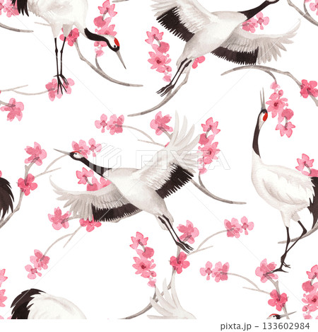 Seamless pattern of japanese cranes with the pink sakura on background. Watercolor handmade illustration. For fabric, wallpaper, greeting cards, design, decoration and illustration. 133602984