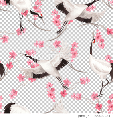 Seamless pattern of japanese cranes with the pink sakura on background. Watercolor handmade illustration. For fabric, wallpaper, greeting cards, design, decoration and illustration. 133602984