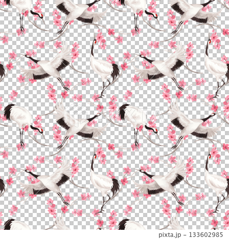 Seamless pattern of japanese cranes with the pink sakura branches on background. Watercolor handmade illustration. For fabric, wallpaper, greeting cards, design, decoration and illustration. 133602985