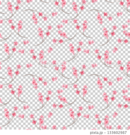 Seamless pattern of sakura branches. Watercolor handmade illustration. For fabric, wallpaper, greeting cards, design, decoration and illustration. 133602987