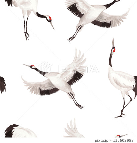 Seamless pattern of japanese red crown cranes. Watercolor illustration of crane. Delicate illustration for fabric, wallpaper, greeting cards, design, decoration and illustration. 133602988