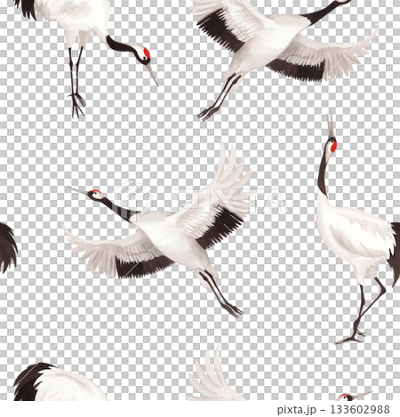 Seamless pattern of japanese red crown cranes. Watercolor illustration of crane. Delicate illustration for fabric, wallpaper, greeting cards, design, decoration and illustration. 133602988
