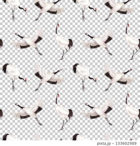 Seamless pattern of japanese cranes Watercolor illustration of crane. Delicate illustration for fabric, wallpaper, greeting cards, design, decoration and illustration. 133602989