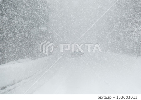 豪雪で視界がゼロに近いくらいの雪道 豪雪で視界がゼロに近いくらいの雪道 133603013
